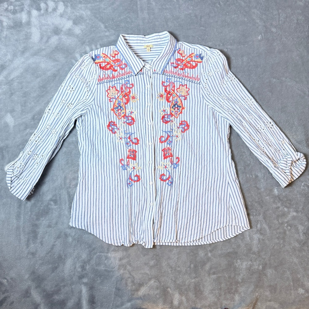 Reba XL Embroidered Striped Eyelet Lace Button Front Blouse Blue White